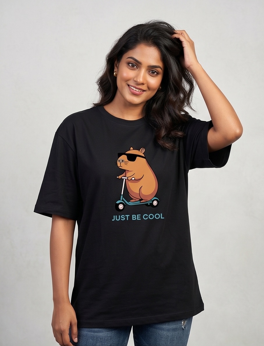 RAIVEX "Just Be Cool" Capybara 180 GSM Soft Cotton Blend T-Shirt – Pitch Black